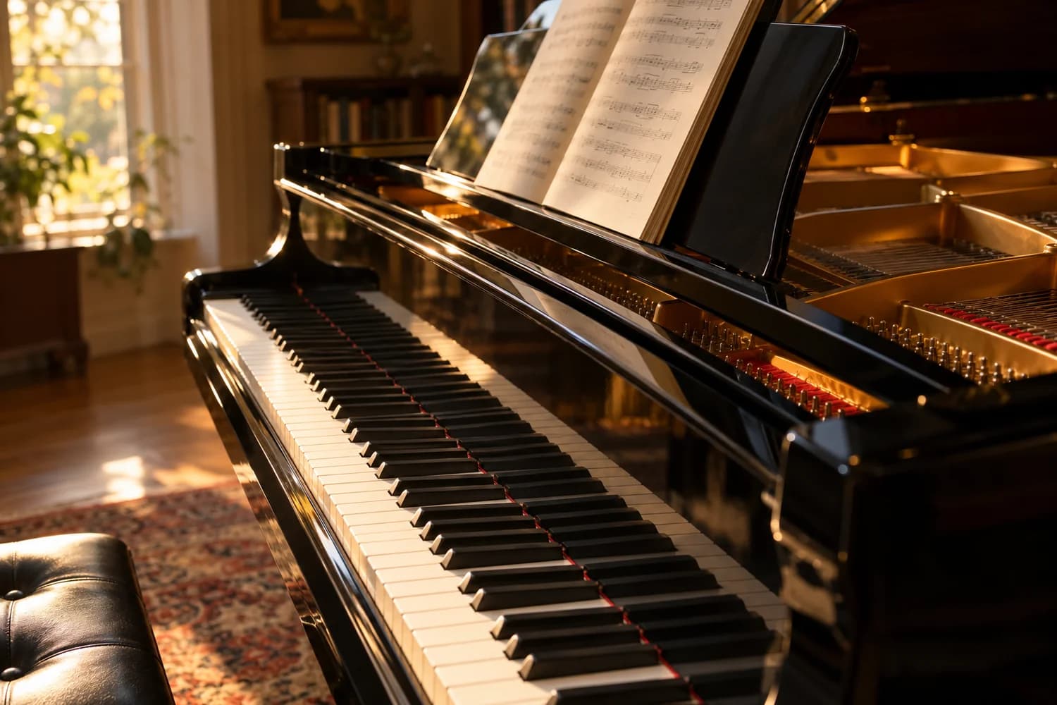 Illustration d’un piano à queue ouvert, avec les registres grave et aigu du clavier et une partition sur son pupitre.