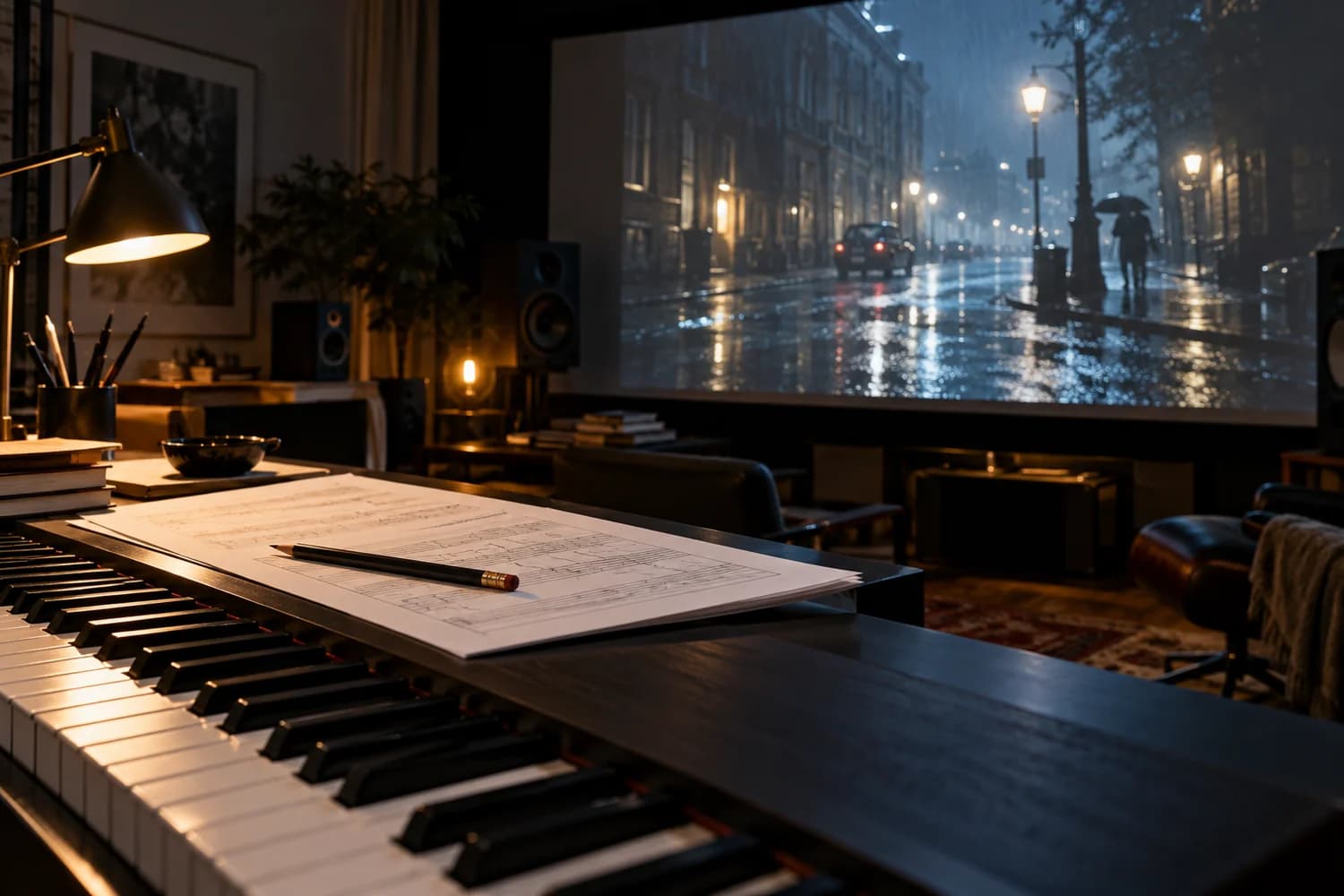 Illustration d’un espace de composition avec clavier, feuille de repérage et projection d’une scène de film.
