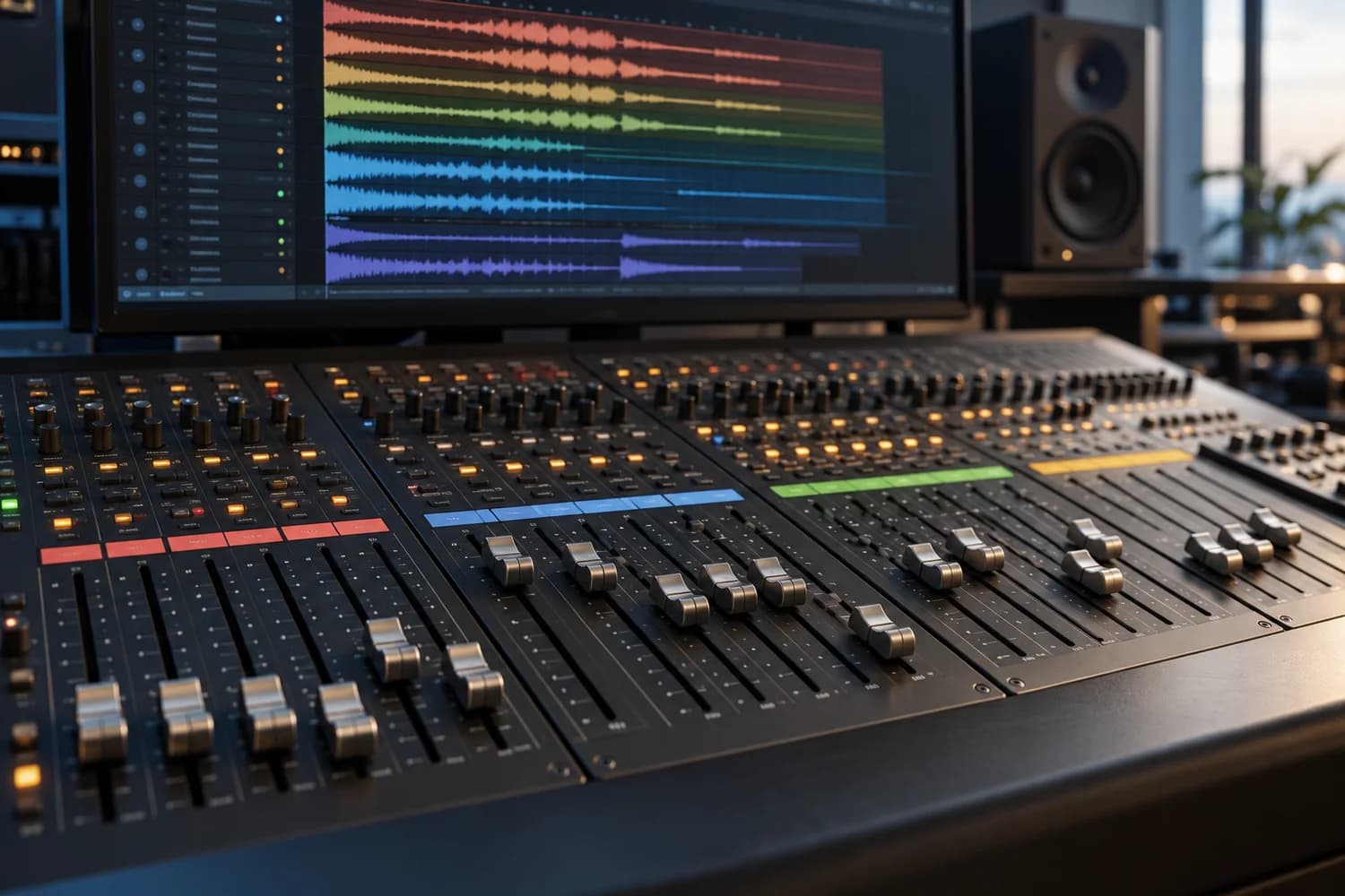 Illustration d’une console de mixage organisée en groupes et d’une session multipiste pour préparer des stems.
